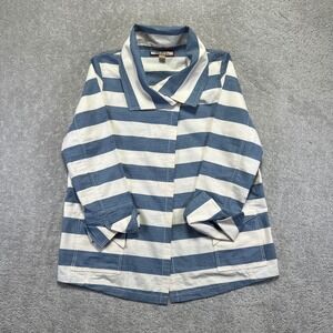 Beyond Threads Jacket Womens Large Blue White Striped Cotton Snap Front Shirt